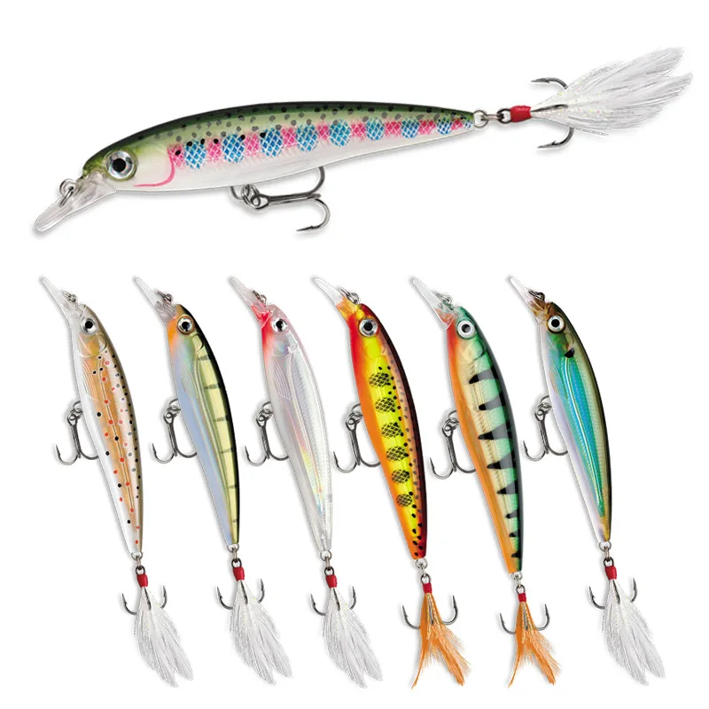 95mm 13g Minnow Fishing Lures Floating Wobbler Laser Feather Artificial Bait Built-in Steel Ball Jerkbait Fishing Accessories