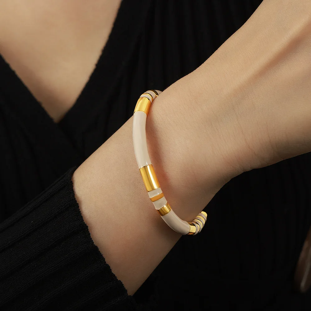 Chic Cuff Bracelets For Women Stainless Steel Beige Black Enamel Women Smooth Bangle Waterproof Charm Daily Jewelry Wholesale