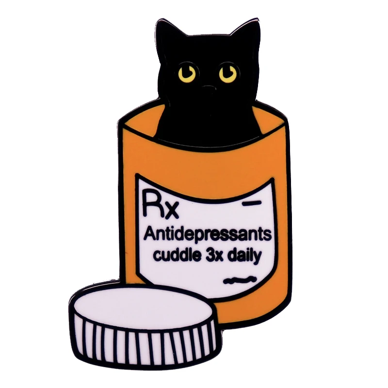 B1786 Motivational Antidepressant Black Cat Enamel Brooch Cartoon medicine bottle Metal Badge Punk Lapel Pin Jewelry Accessories