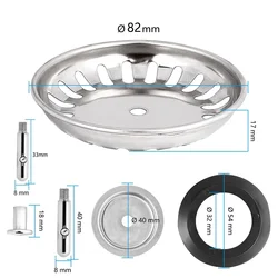 Colador de acero inoxidable para fregadero de cocina, escurridor de fregadero de 80/82/84mm, tapón de residuos