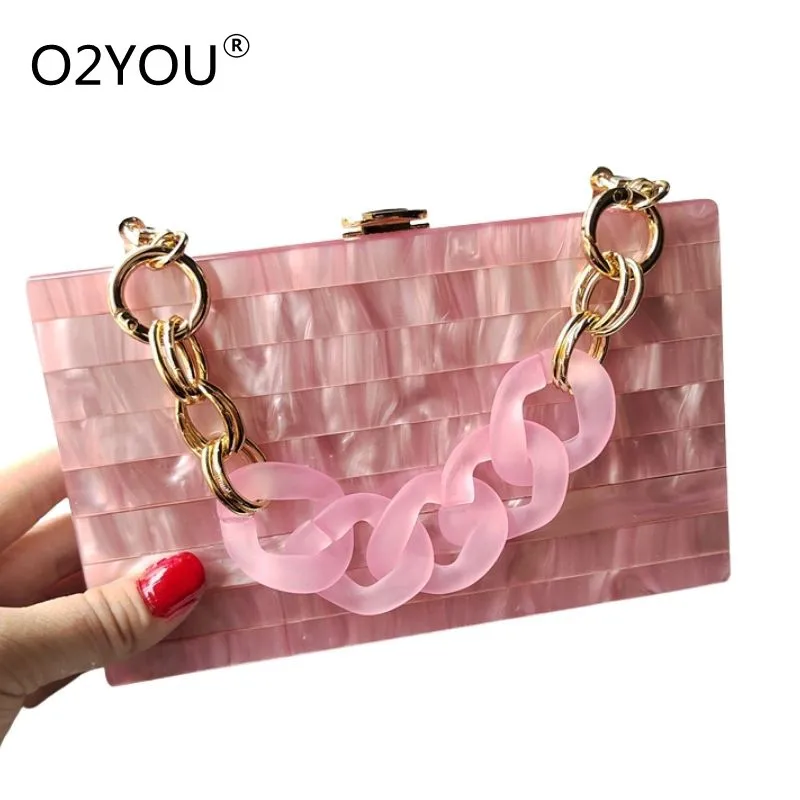 Pearl Marble Pink Striped Brand Women Acrylic Box Clutch Purse Bag Luxury Wedding Party Evening Lady Travel Fashion New Handbag