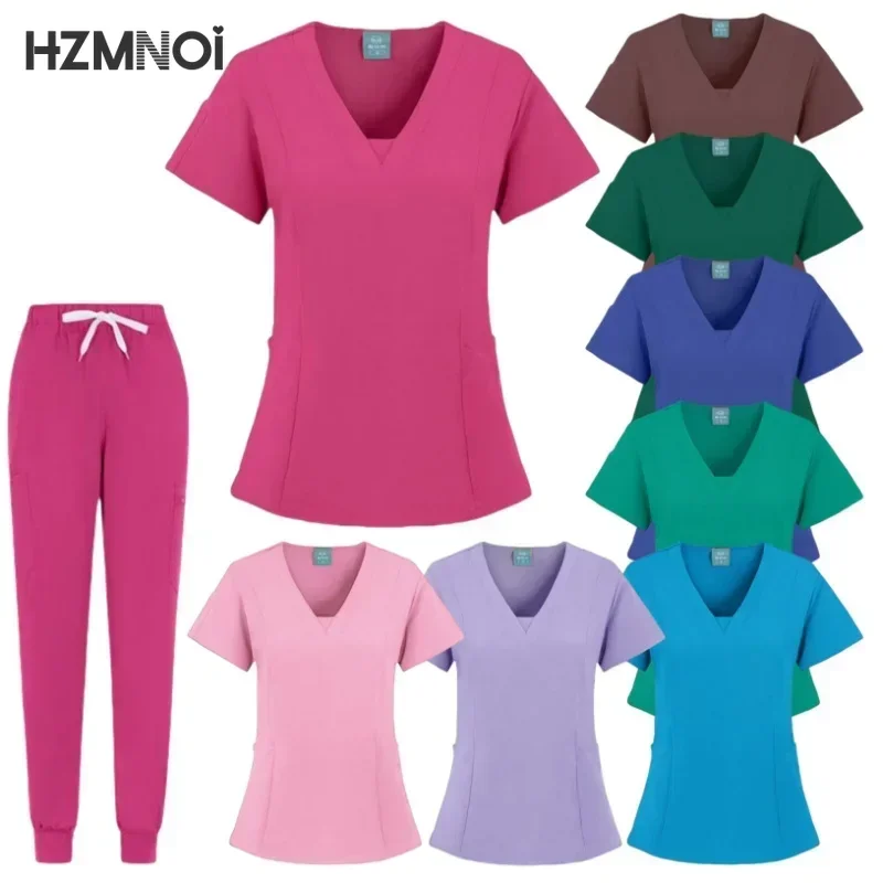 Batas quirúrgicas de Hospital para mujer, Tops de manga corta, pantalones, accesorios de enfermería, ropa para médicos, uniformes médicos, conjuntos de exfoliantes elásticos