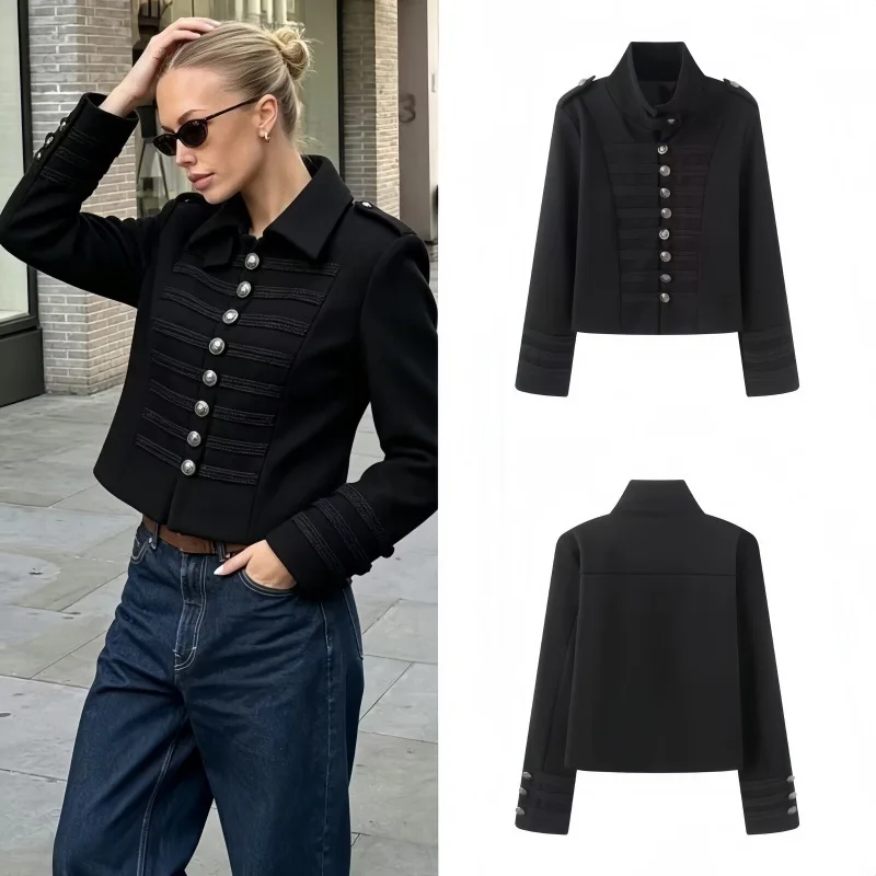 Maxdutti South French Lazy Woolen Napoleon Fashion Heavy Industry Metal Buckle Waist Cinched Stand Up Collar Jacket Woman Tops