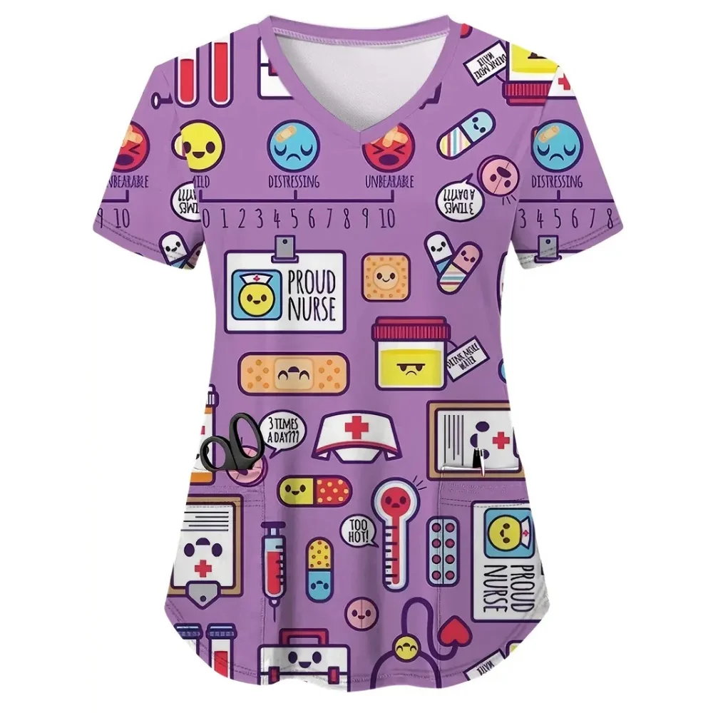 Uniformes cliniques pour femmes, uniforme de gommage de dentiste de soins de santé imprimé, à la mode, col en v, poche, manches courtes, uniformes de soins infirmiers
