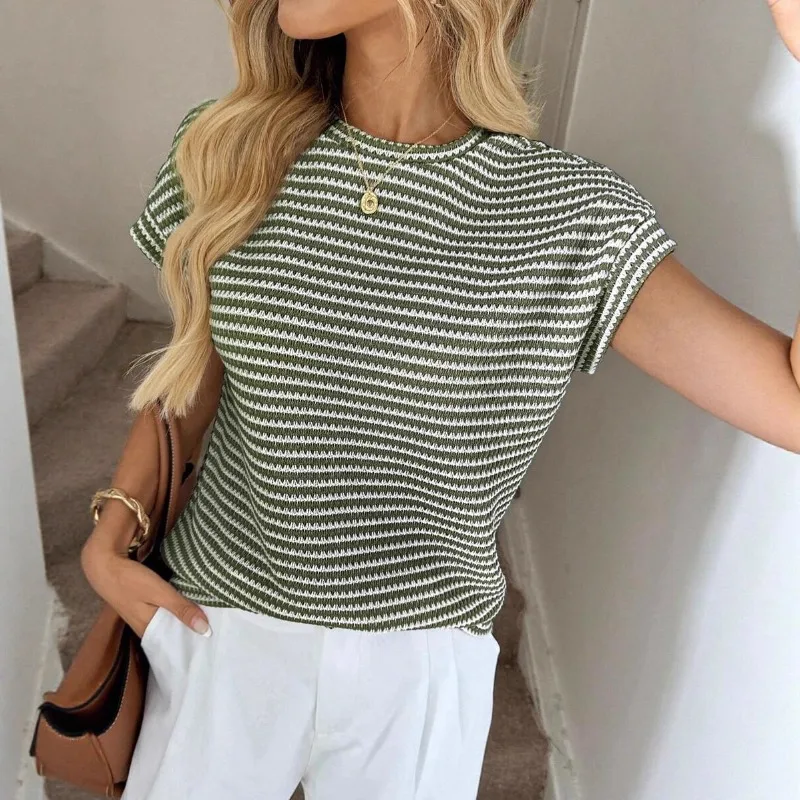 

2026 Summer Women's Crew Neck Pullover Knitted Short Sleeve Top