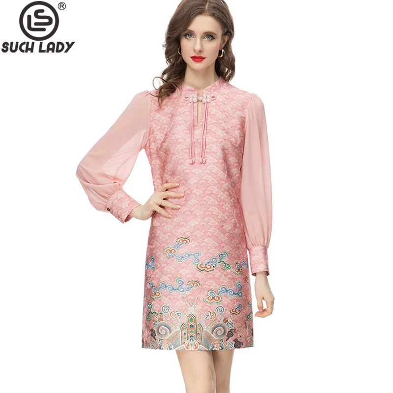 

Women's Runway Dresses Chinese Mandrin Collar Long Sleeves Pearls Button Printed Vintage Pencil Short Vestidos