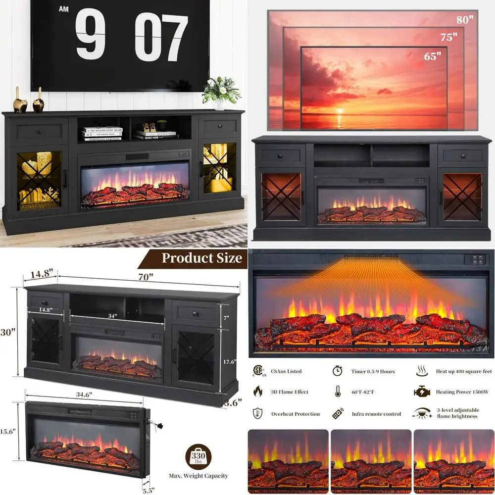 

70 Modern 34 Electric Fireplace TV Stand for TVs up to 80, LED-lit Entertainment Center with Glass Doors