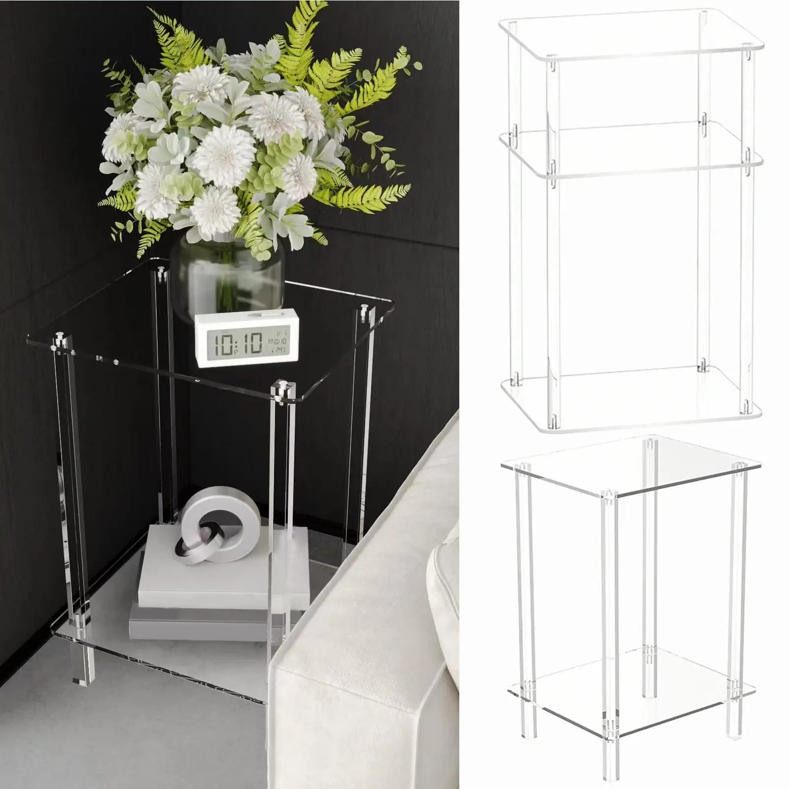 Small Side Table Transparent Acrylic Tall Nightstand 2/3 Layers Space-Saving Storage Shelves Multi-Functional Organizer Shelf
