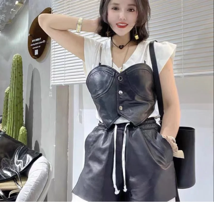 

Модный кожаный жилет для женщин, маленький топ без бретелек для девочек, однотонный жилет из натуральной кожи из натуральной кожи