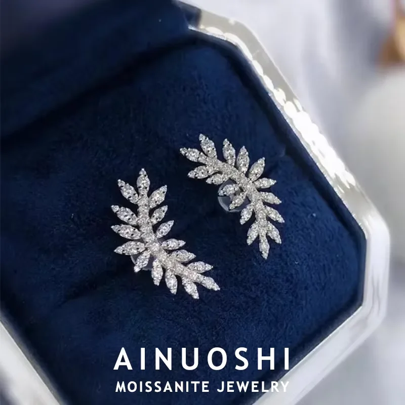 AINUOSHI Korean INS Leaves Shape Moissanite Earrings for Women 925 Sterling Silver Earring Wedding Aesthetic Jewelry Gift