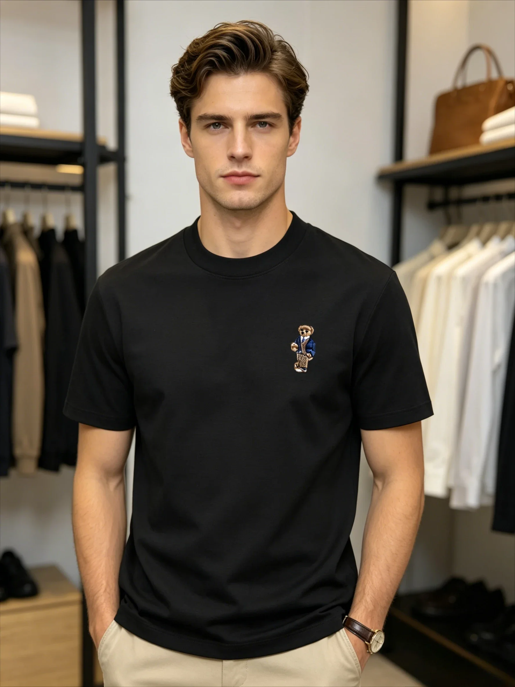 New high-end brand men's short sleeved round neck T-shirt summer fashion boutique teddy bear printed cotton Korean casual top
