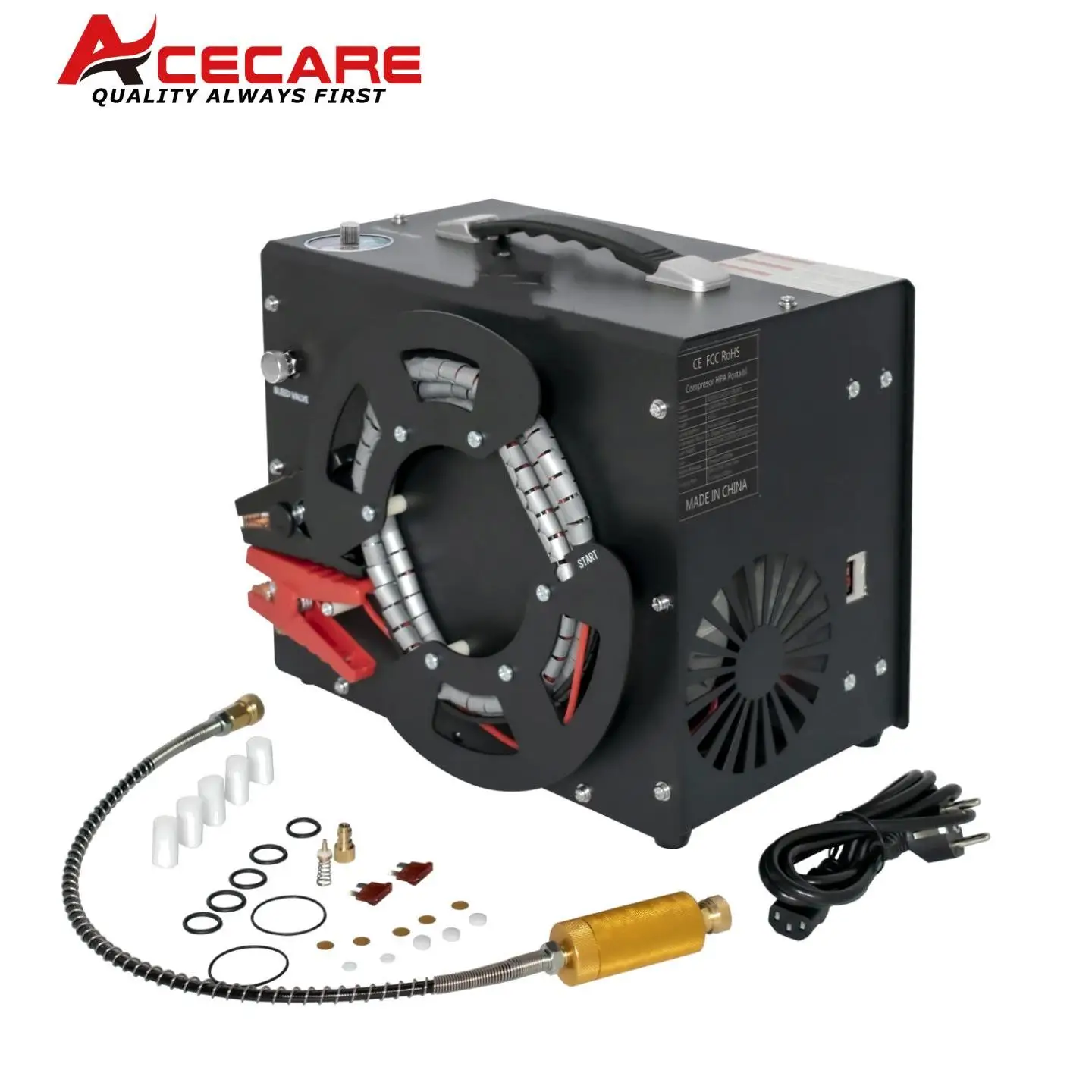 ACECARE-Compresseur d'air haute pression, 300 bars, 4500psi, PCP, avec adaptateur d'alimentation 12V intégré, ventilateur portable, arrêt automatique ES062