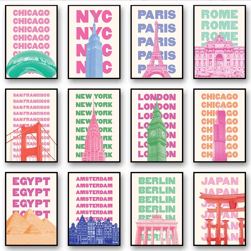 Trendy Travel Chicago New York San Francisco London Paris Rome Japan Amsterdam Berlin Egypt Miami Print Canvas Poster Room De