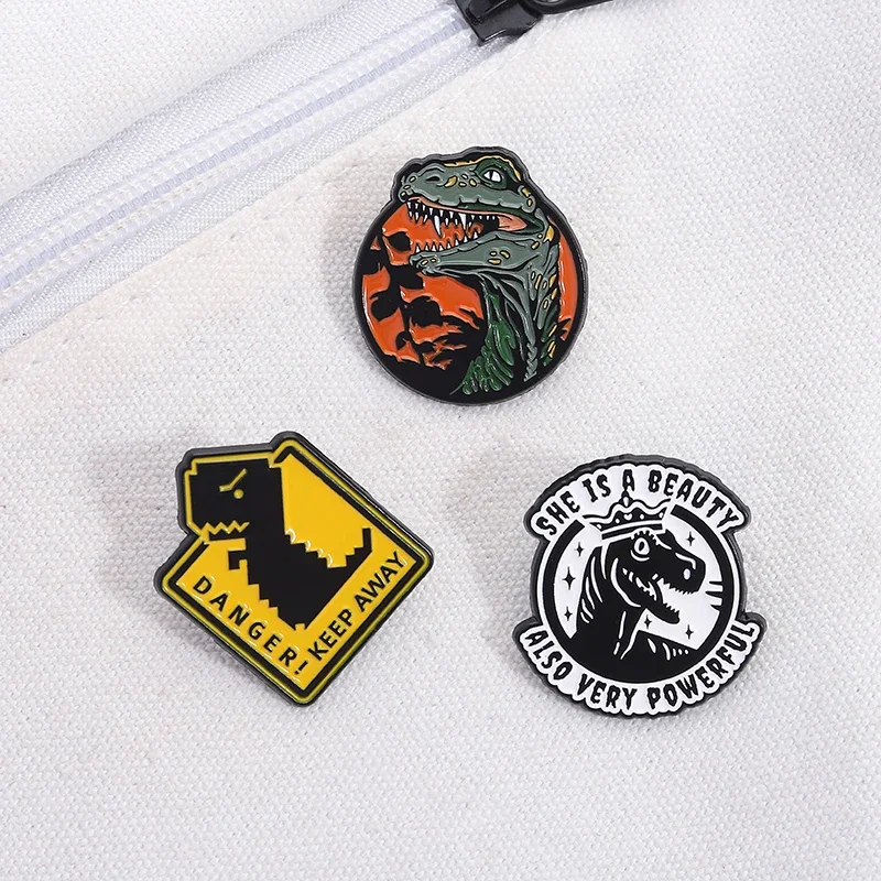 

Danger Keep Away Dinosaur Enamel Pins Sci-Fi Movie Dinosaur Animal Brooches Backpack Lapel Badge Funny Jewelry Gifts for Friends