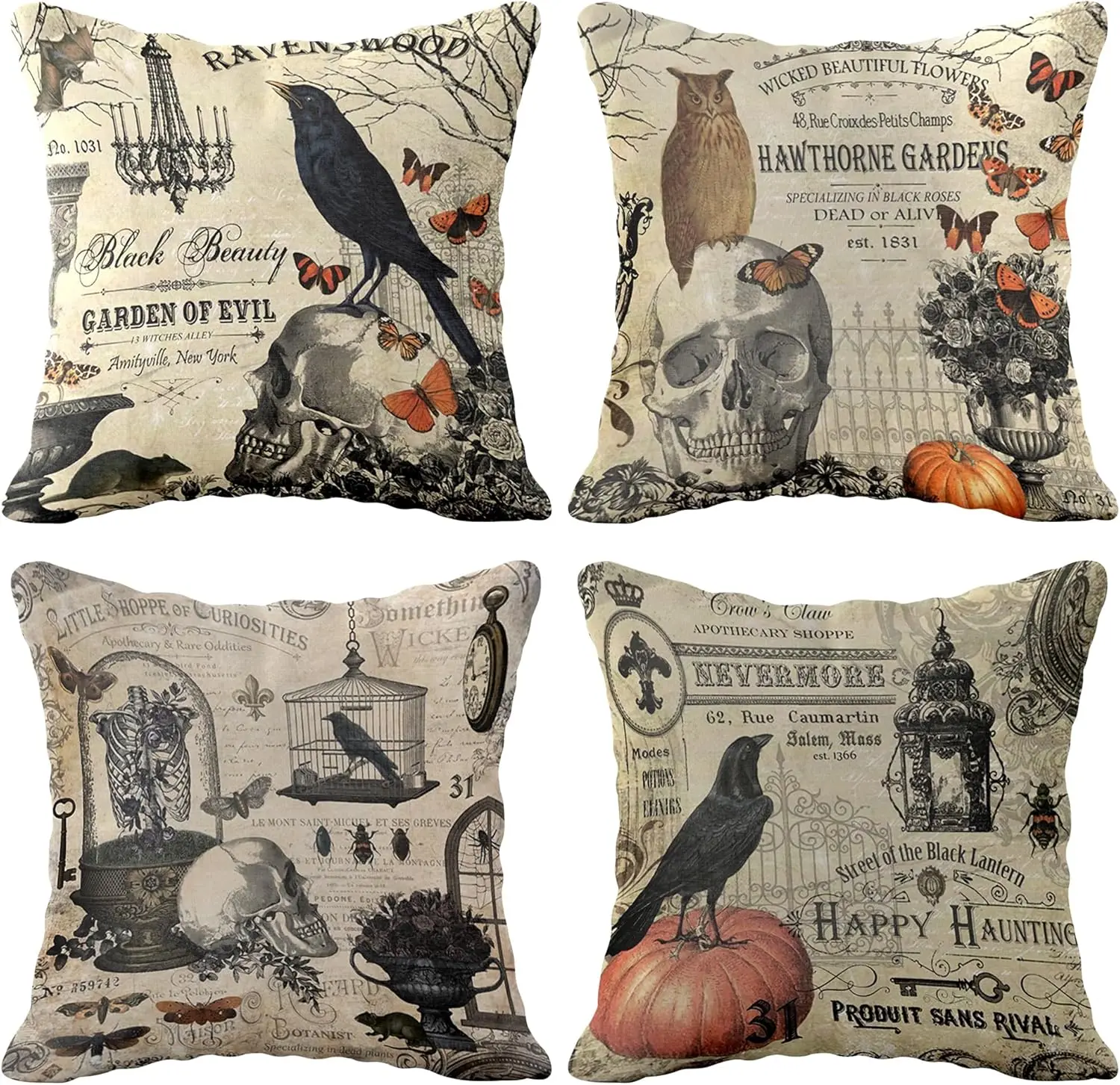 Vintage Halloween Pillow Covers 18x18 Inch Pack of 4 Skull Halloween Throw Pillow Covers Pumpkin Halloween Cushion Covers