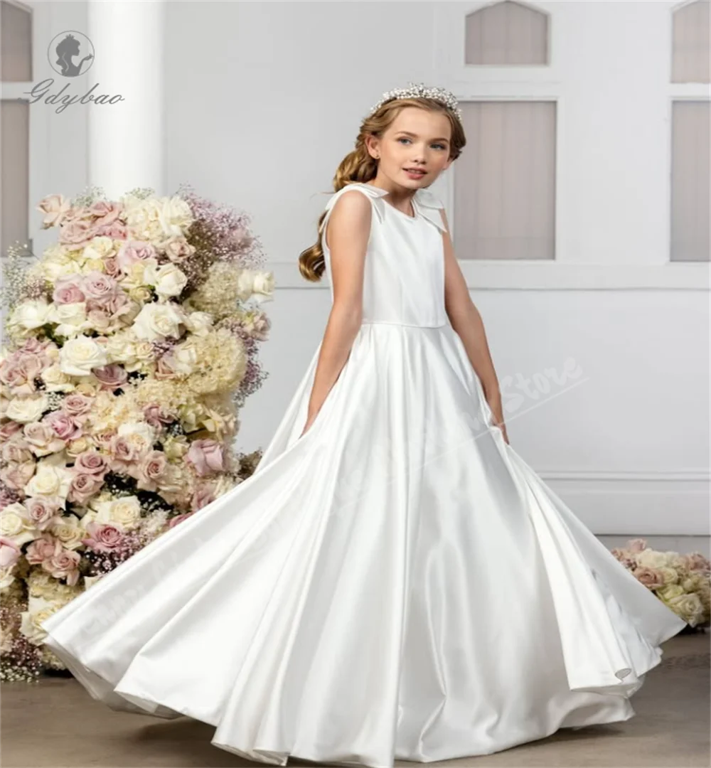 

Bow Shoulder Elegant Flower Girl Dress Satin White Suitable For Bridesmaids Children Party Banquet Hosts Customize Long Dresses