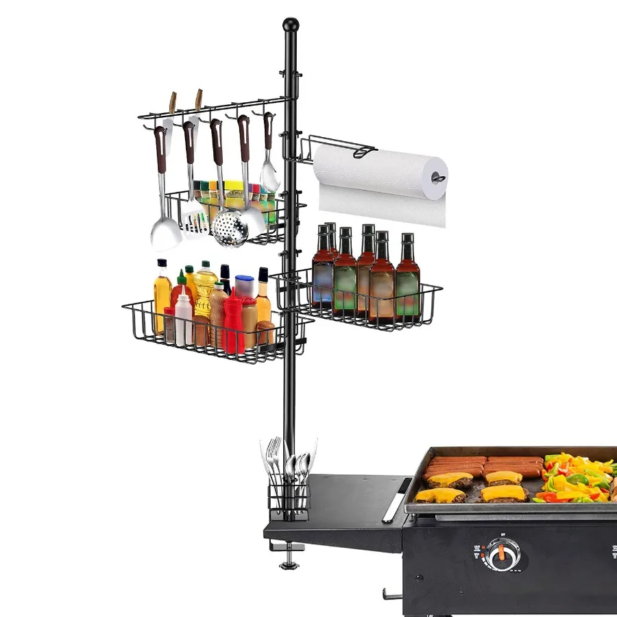 

Griddle Caddy With Paper Towel Holder Hook Baskets BBQ Accessories Storage Rack Vertical Standing BBQ Organizer Grill Utensil S