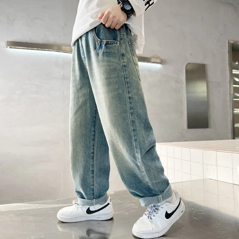 Patchwork Jeans For Big Boys Letter Print Trousers Spring Autumn Boys Pants Child Baggy Wide-Leg Clothes Teenager For6-15y