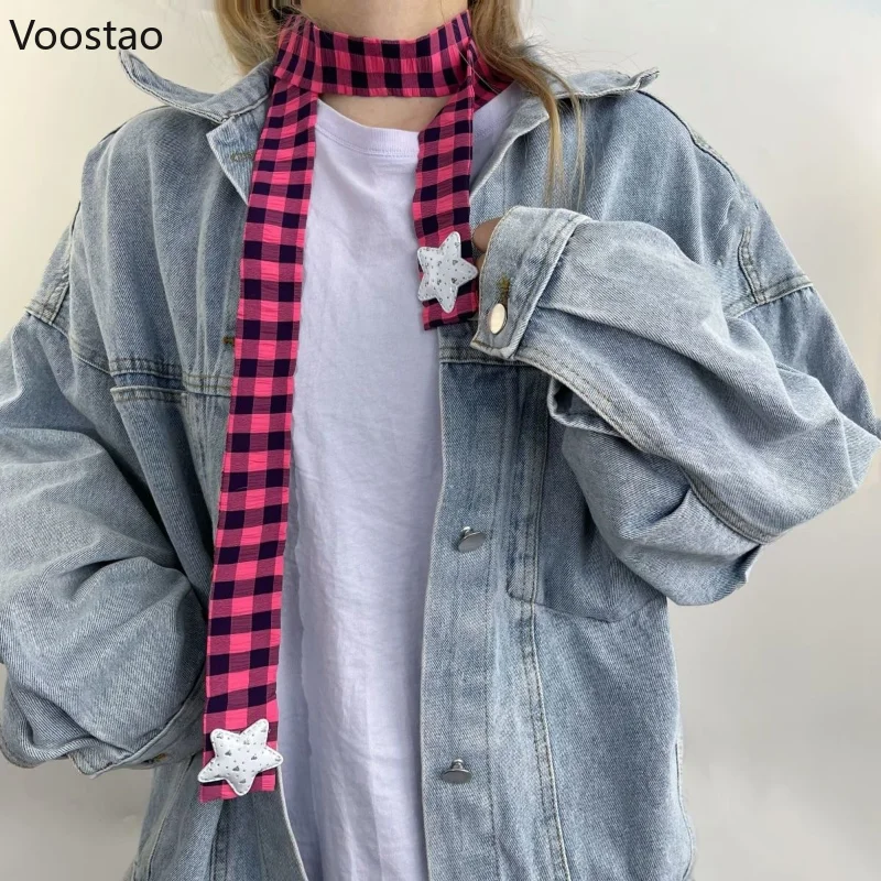 Japanese Y2k Plaid Long Scarf Women Gothic Punk Scarves Muffler Clothing Accessories Harajuku Decoration Girls Star Neckerchief