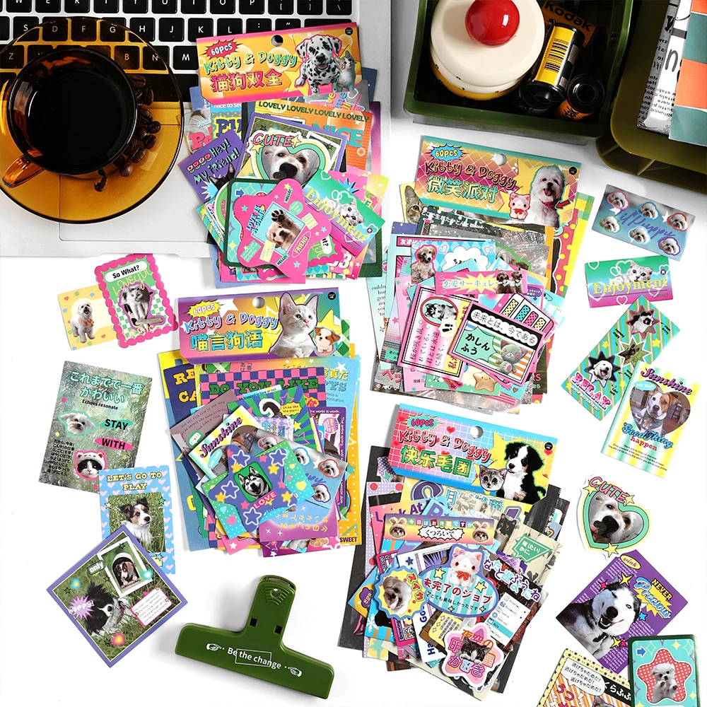 60 قطعة لطيف القط جرو المواد حقيبة ملصقات Ins مواد الديكور ورقة الكولاج سكرابوكينغ مذكرات ألبوم بها بنفسك Kawaii القرطاسية
