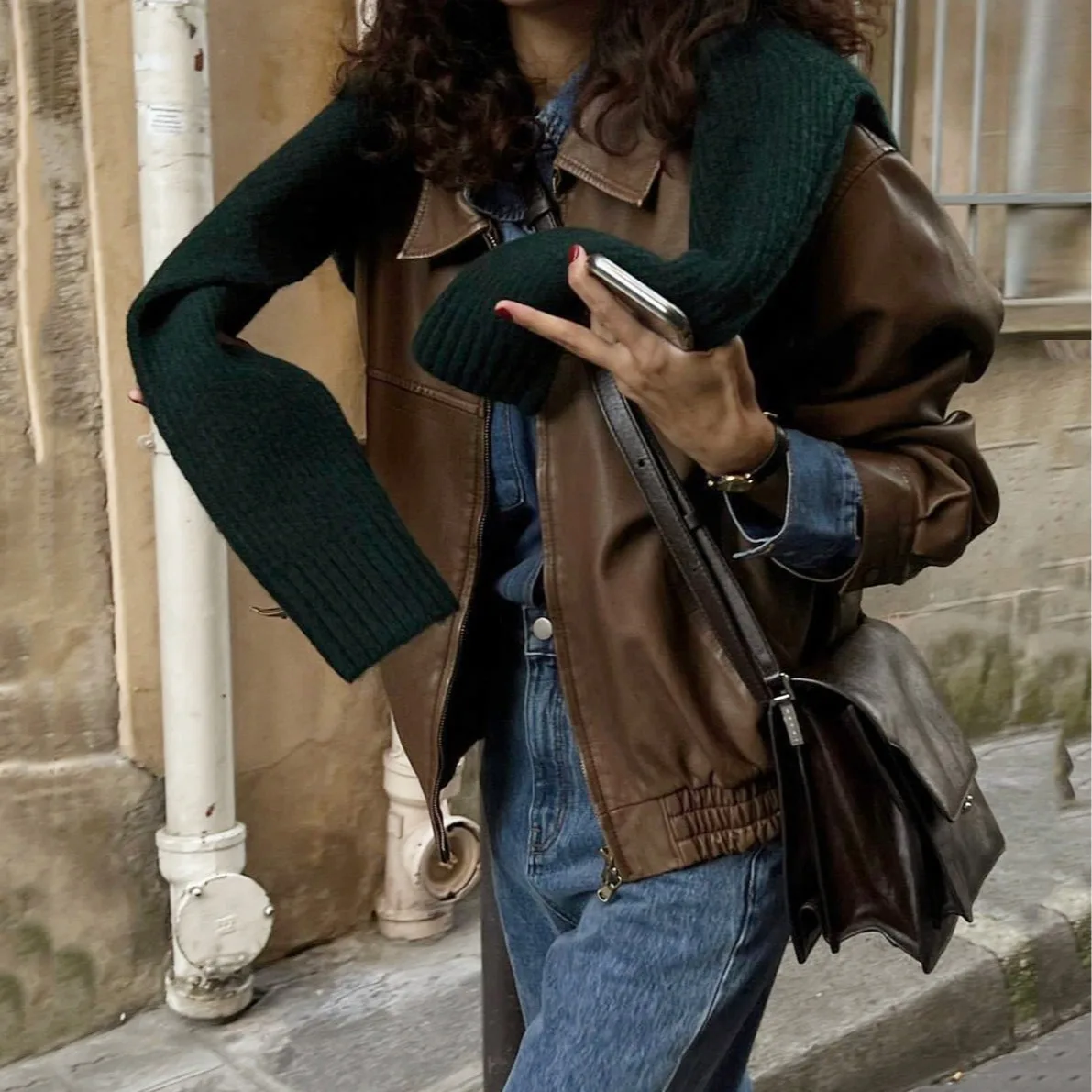 Casual Style Loose Fit Zipper Leather Jacket Biker Vest Versatile Turn-down Collar Loose Clothing PU Leather Long Sleeve
