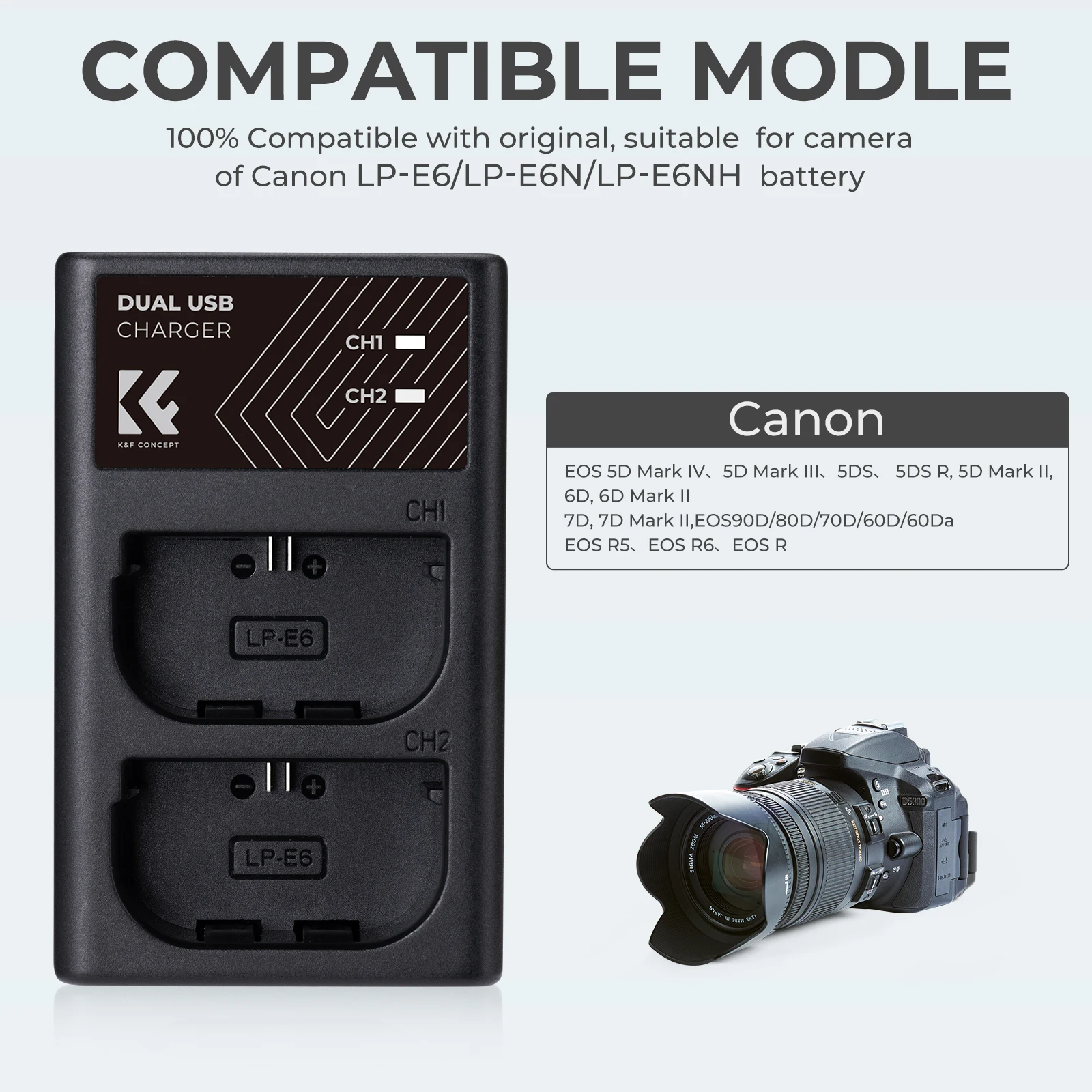 K&F Concept LP-E6/LP-E6N/LP-E6NH Ładowarka z dwoma gniazdami do aparatów Canon EOS R5 EOS R6 EOS R EOS 5D Mark IV 5D