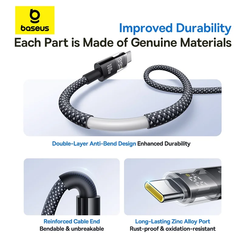 Baseus 100W USB Cable For Huawei Honor LED Display USB Cable Type C for Tablet Fast Charging Data Wire For Xiaomi 14