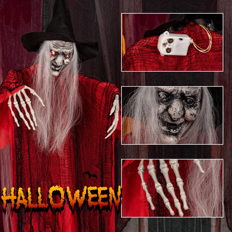 

Motion-Activated Hanging Witch LED Glowing Red Robe Floating Ghost Voice Control Scary Decor for Halloween Haunted House