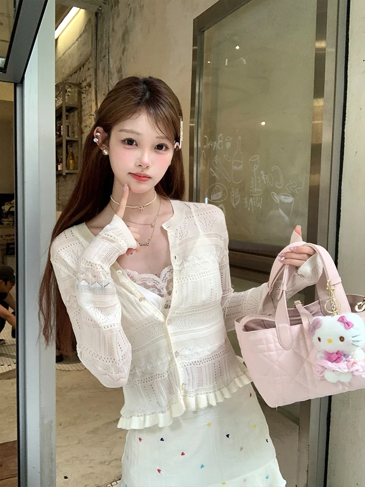 

Acaine Summer Handwritten Color Long Sve Hollow Knitted Open Cardigan Women's Ele Top Sweet Sle Straight Tube