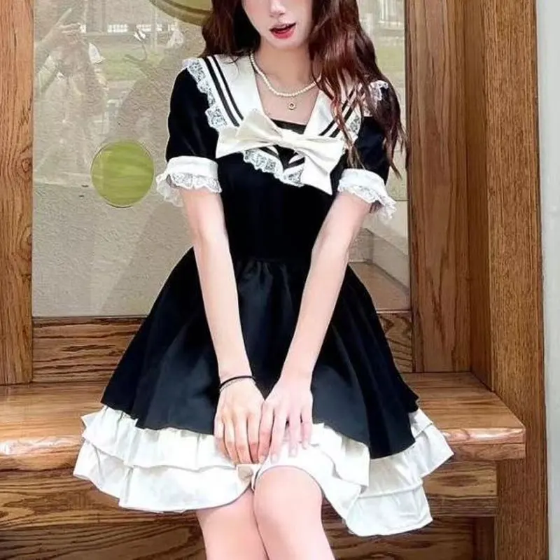 Preppy Style Sailor Collar Mini Dress Summer Stylish Lace Spliced Sweet Bow Ruffles Female Clothing Thin A-Line Waist Dresses