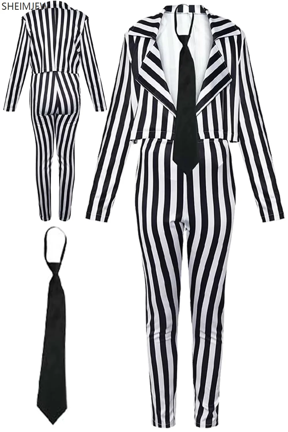 Halloween Horror Underworld Master Cosplay Costume Adult Women Black White Vertical Striped Fantasy Suit Carnival Party Dress Up