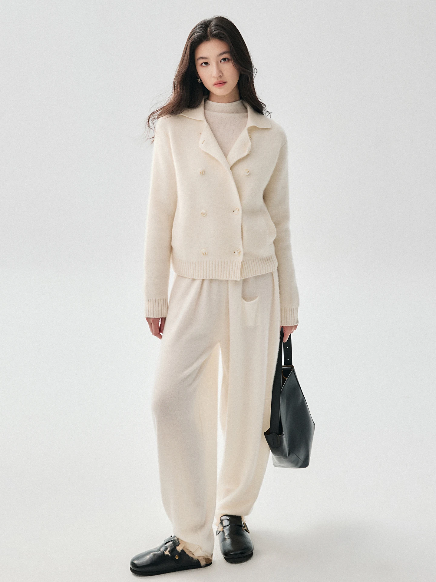 Ladies Autumn Winter 100% Cashmere Lapel Collar Double‑Breasted Cardigan Long Sleeve Elegant Warm Knit Blazer Daily Outerwear