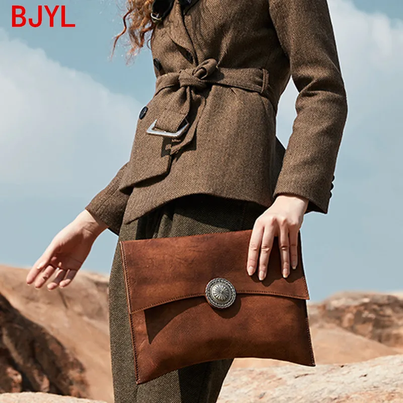 Vintage Leather clutch bag women shoulder messenger bag ladies female cowhide envelope bag large capacity cross-body clutch bags