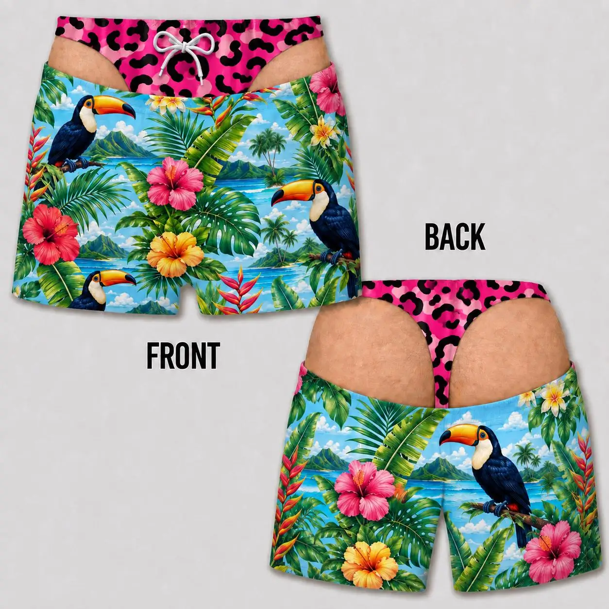 Lustige Optische Illusion Strandshorts für Männer, Zweiteiliger Tanga-Look mit Tropischem Flamingo- und Palmenmuster, Hawaiianische Boardshorts, Neuheit – Detail 6