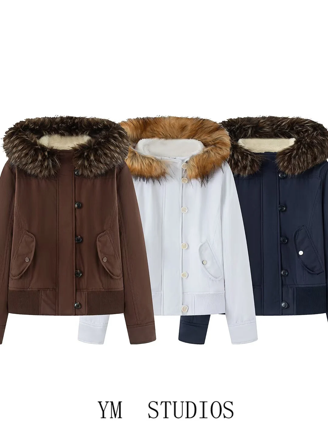 

Women's Fleece Lined Hooded Jacket Removable Fur Collar Slim Fit Warm Winter Denim Coat European Style Long Sleeve Short Coat