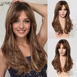 Long Curly Brown White Highlights Synthetic Wigs With Eight Character Bangs For Women Natural Wig For Daily Heat Resistant Fiber