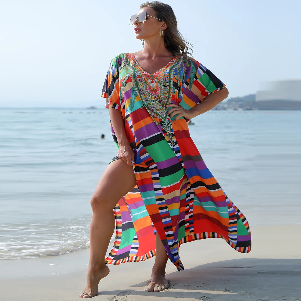 

Plus Size Boho Cover Up, Women's Plus Animal Print Bat Sleeve V Neck Loose Split Cover Up Dress