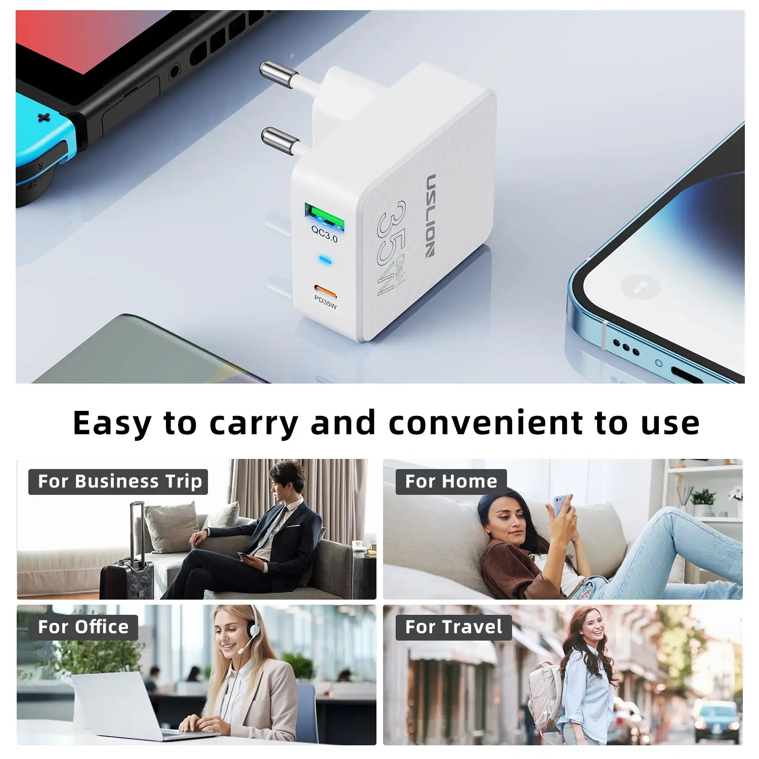 USLION 35W GaN Chargers Fast Charging Charger USB C Charger for iPhone 15 Pro Xiaomi Samsung Oneplus Mobile Phone Wall Adapter