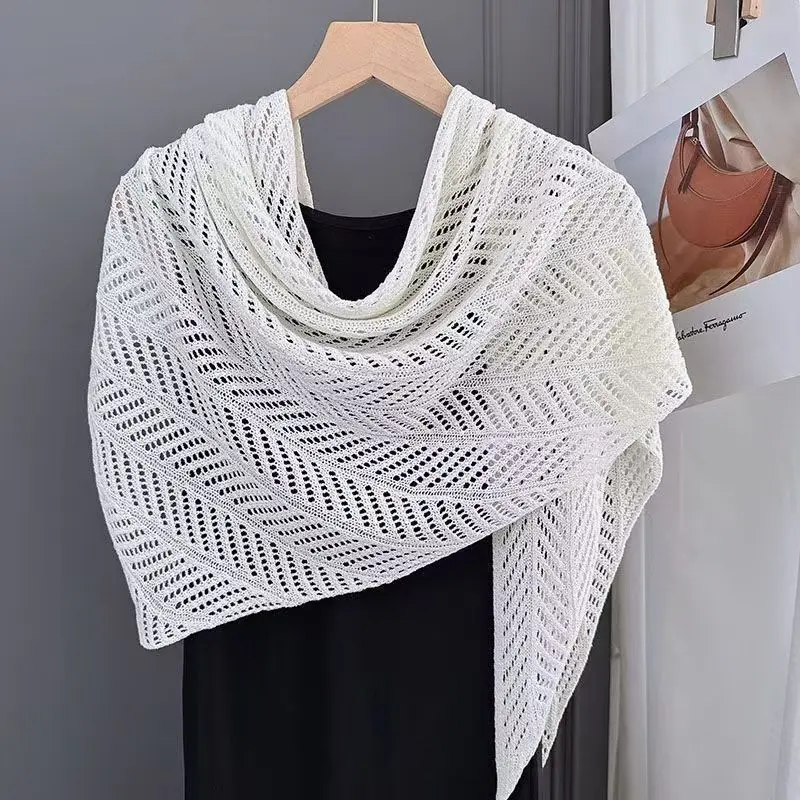 

Women Ice Silk Knitted Scarf Hollow Out Air Conditioning Shawl Thin Outer Blouse Summer Triangle Sunscreen Neck Scarf