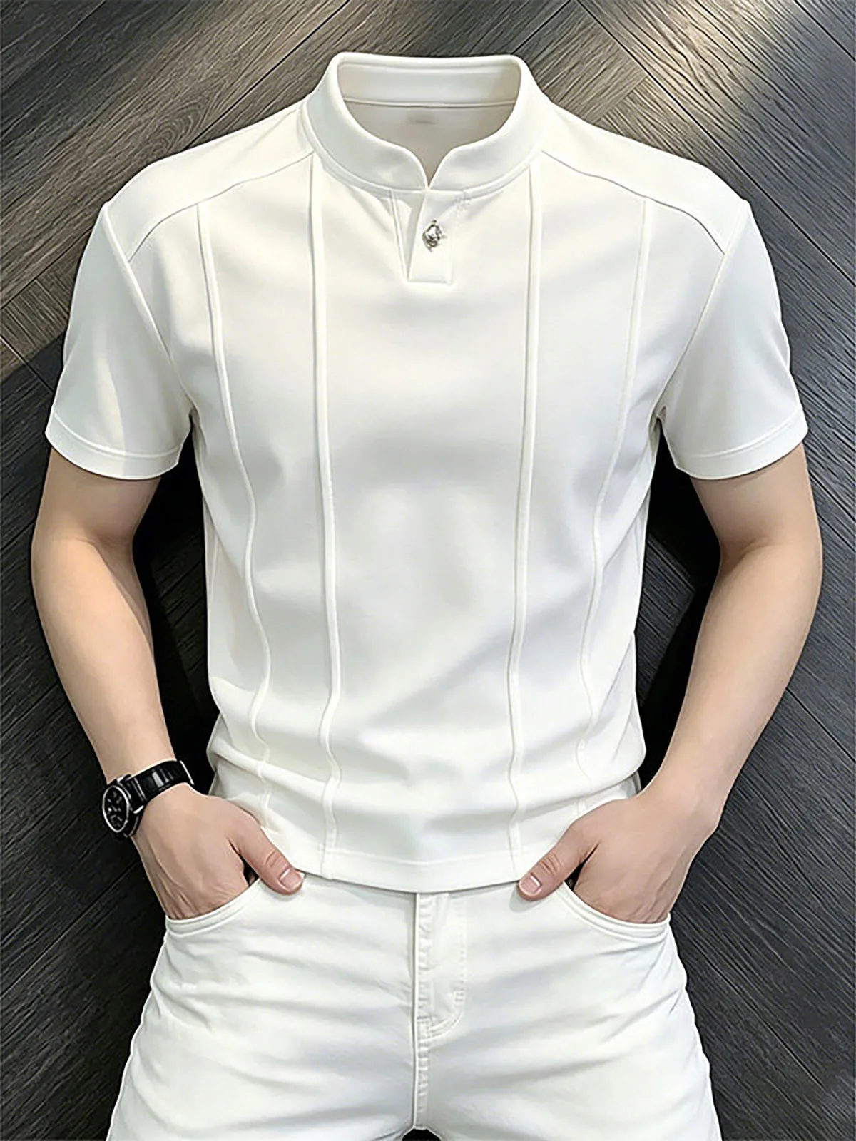 Cleanfit White Vertical Stripes Shoulder T-Shirt Men's Lightweight Summer Deconstructed Design Short Sleeve  Shirt