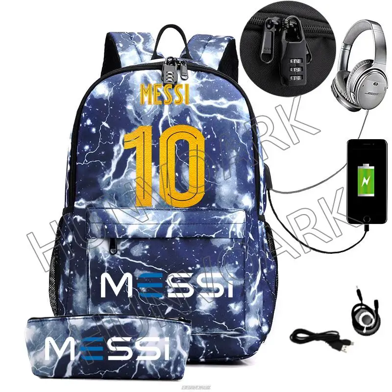 Messi Mochila Casual Mulheres Homens Mochila Computador 15.6 Polegada Laptop Bag Back Light Anti roubo Viagem Mochilas Escolares 2pcs