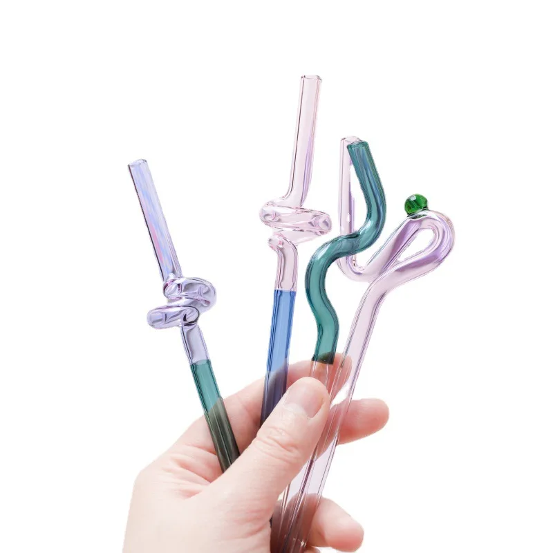 Colored Glass Bending Straws, Transparent, Reusable, Heat Resistant, Juice, Milk Drink, Individual Packing, 1 Piece