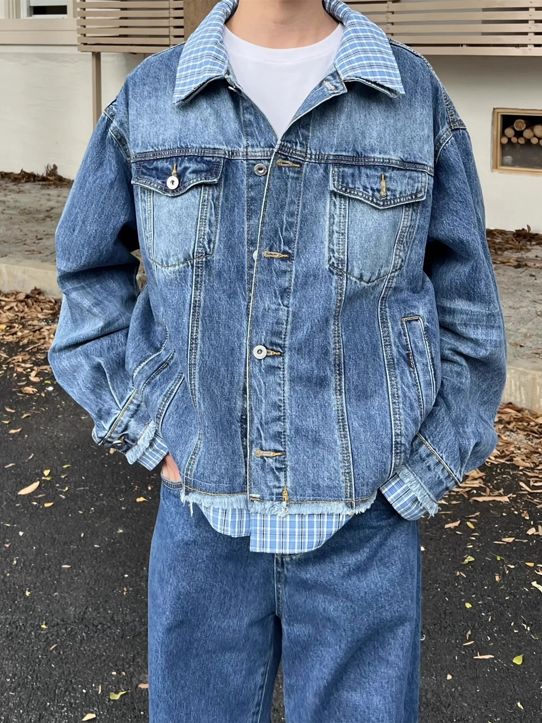 

Blue Plaid irt Patchwork Denim Jaet Men's Casual Sle Autumn Winter Trendy College Windbreaker Long Sve Casual Jaet