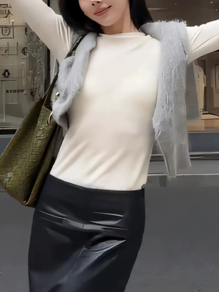بلوزة نسائية أنيقة بأكمام طويلة من الكنزة، تصميم بسيط وملائم للجسم، أنيقة ومناسبة للتنقل، نسخة كورية بألوان نقية.