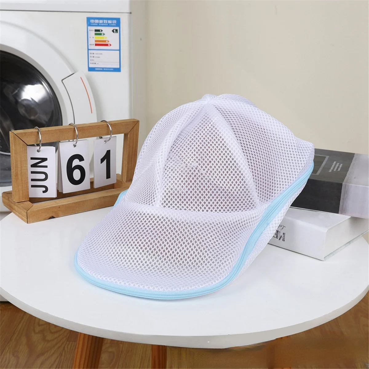 ABDR-Simple Hat Wash Protector Baseball Cap Cleaner Laundry Bag Wash Hat Bag Washing Machine Mesh Bag New 2Pcs,Blue & White