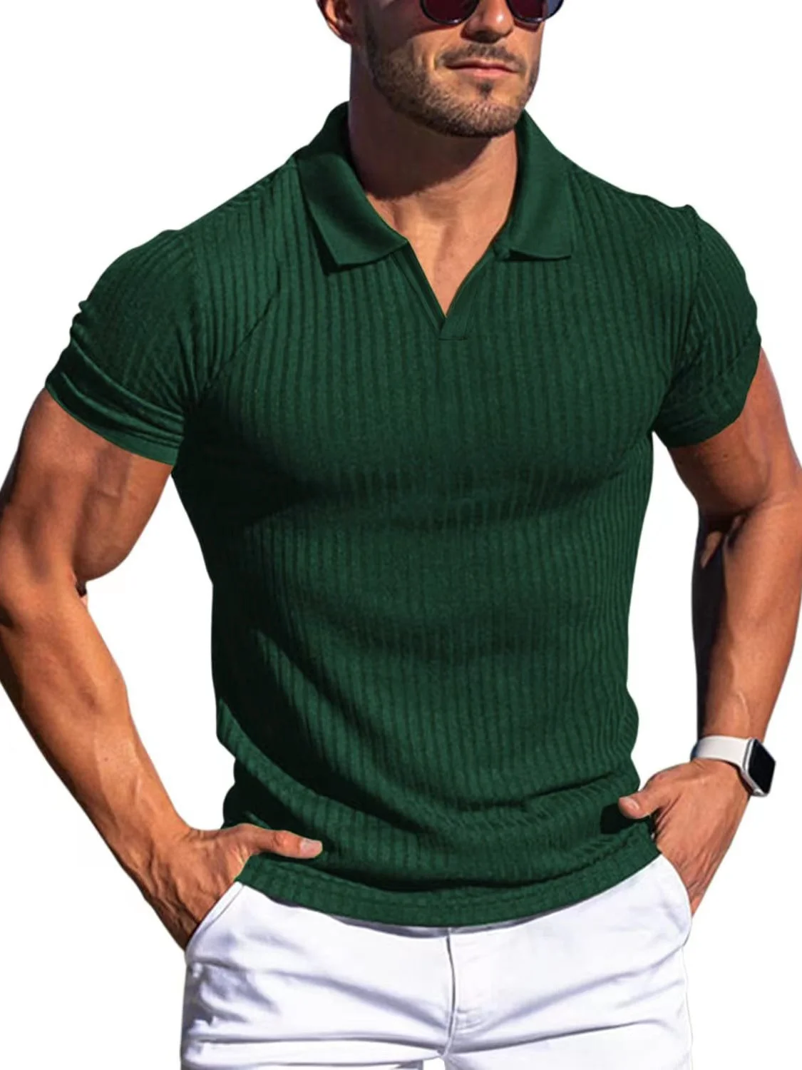 Casual Men's V-Neck T-Shirt with Lapel Short Sleeve Polyester Fabric Regular Fit Basic Color Full Body Micro Stretch