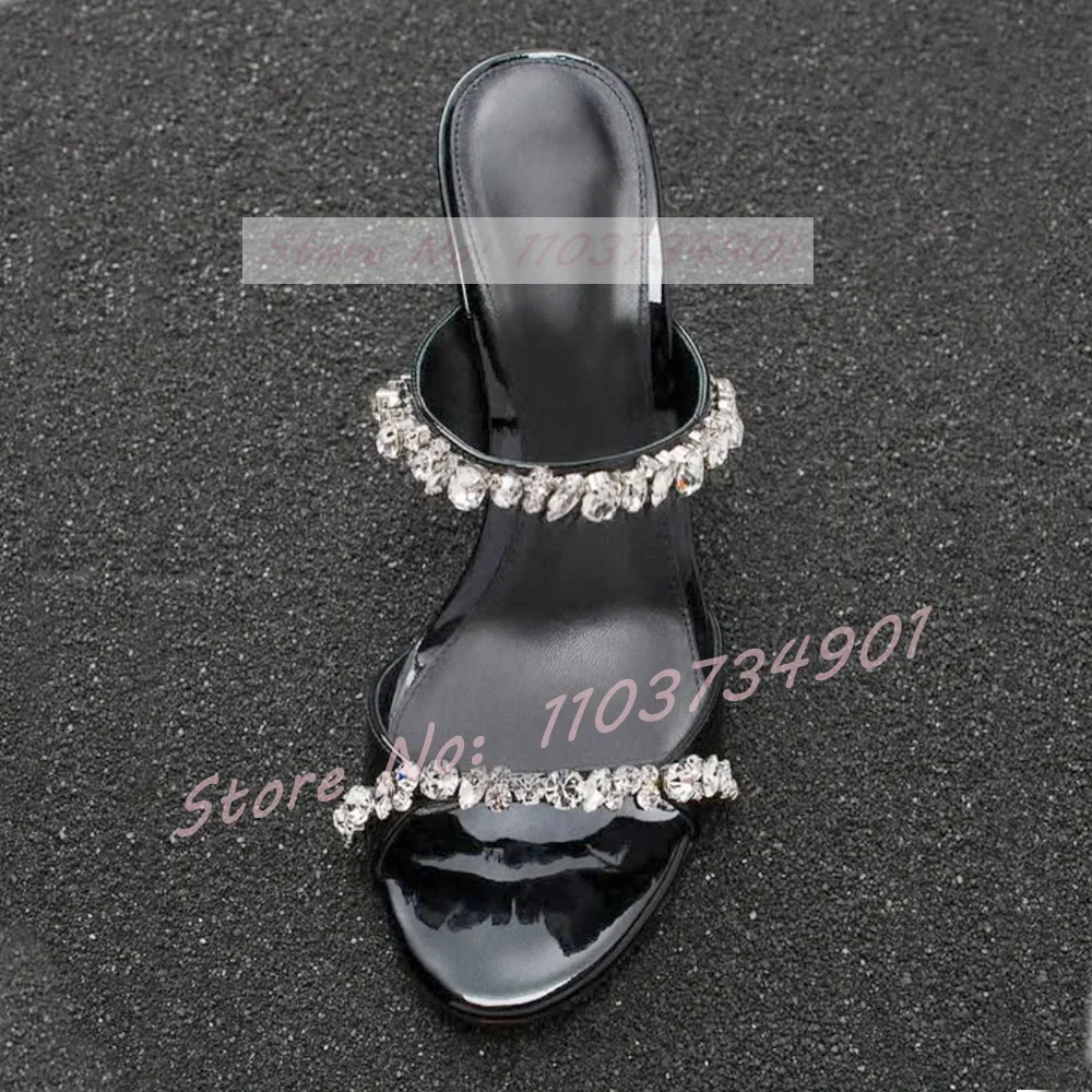 

Diamond Open Toe Slippers Female Outside Sexy Patent Leather Round Toe Crystals Stiletto High Heels Mules Women Party Shoes