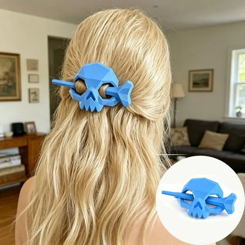 3D-gedruckte Halloween-Punk-Stil Totenkopf-Haarspangen für Frauen, Hohle Geister-Totenkopf-Haarklammer, Langlebige Skelett-Haarnadel für Halloween-Party – Detail 3