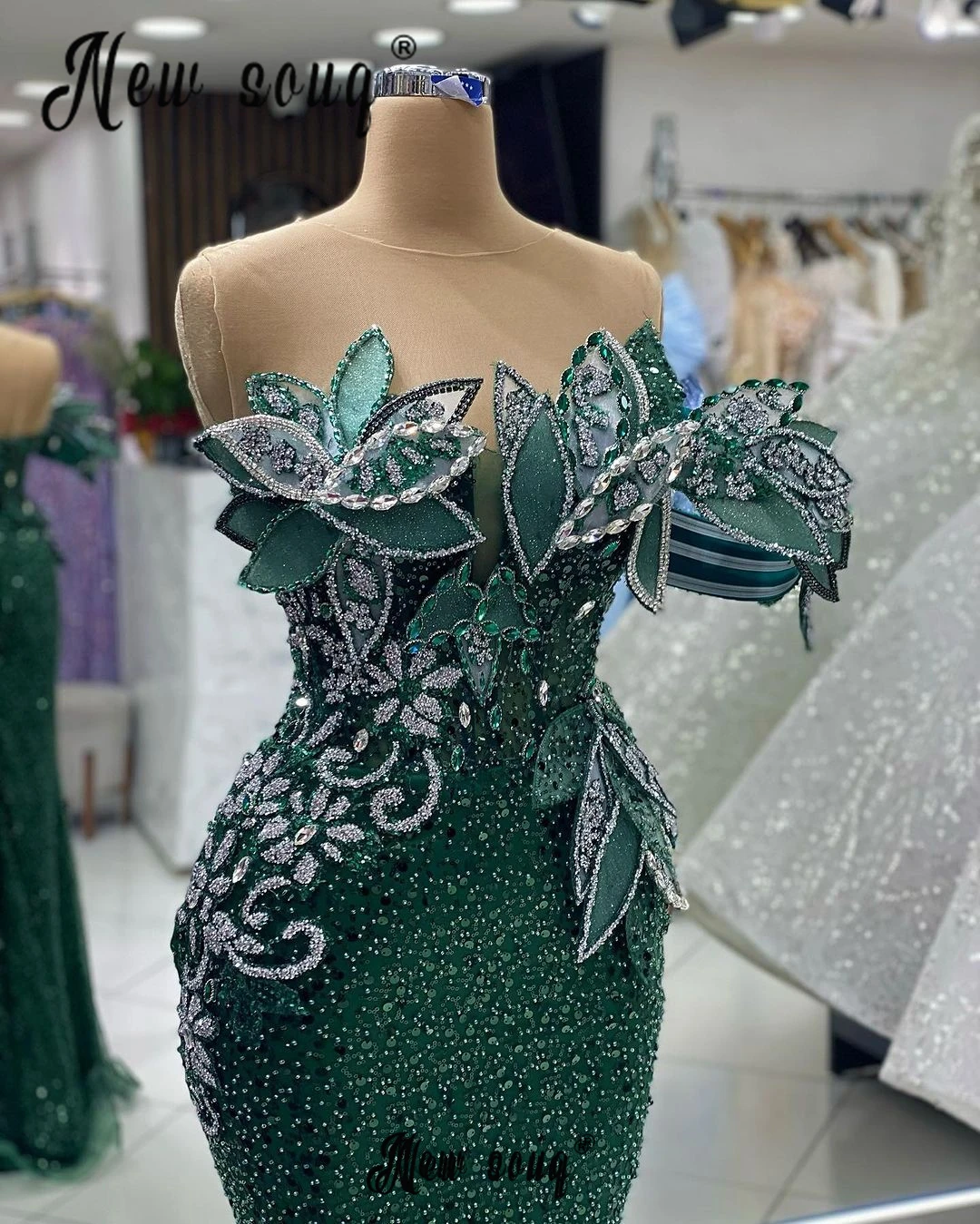 3D Leaf Design Emerald Green Party Dress Fashion Off Shoulder Dubai Luxury Wedding Guest Night Gowns Long Mermaid Formal Gowns