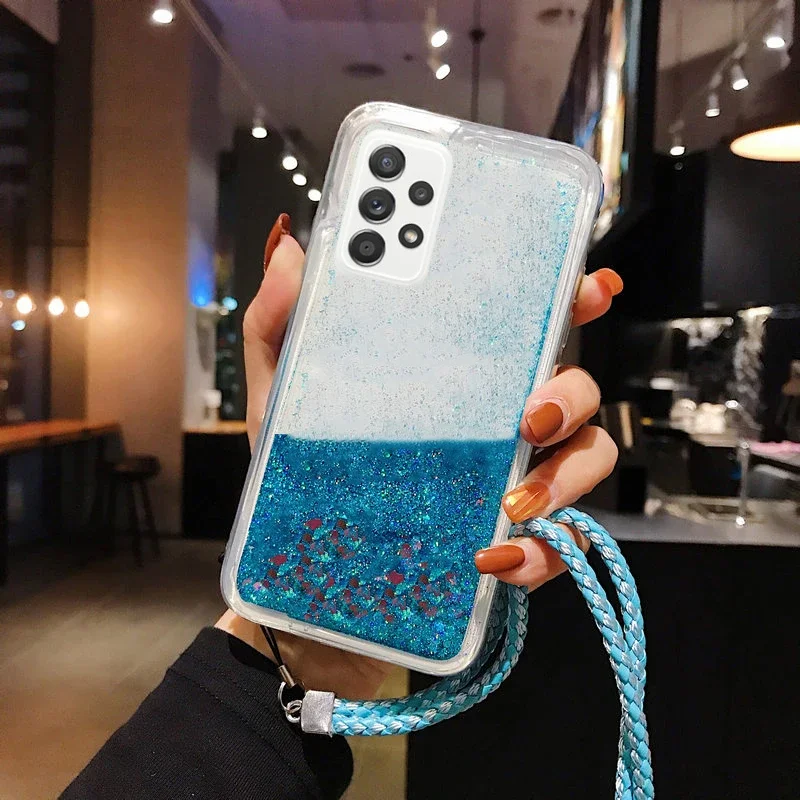 Lanyard Glitter Liquid Silicone Case For Samsung Galaxy A05 A05S A14 A24 A34 A54 A04 A04S A04E A03 A03S A02S 4G 5G Cover
